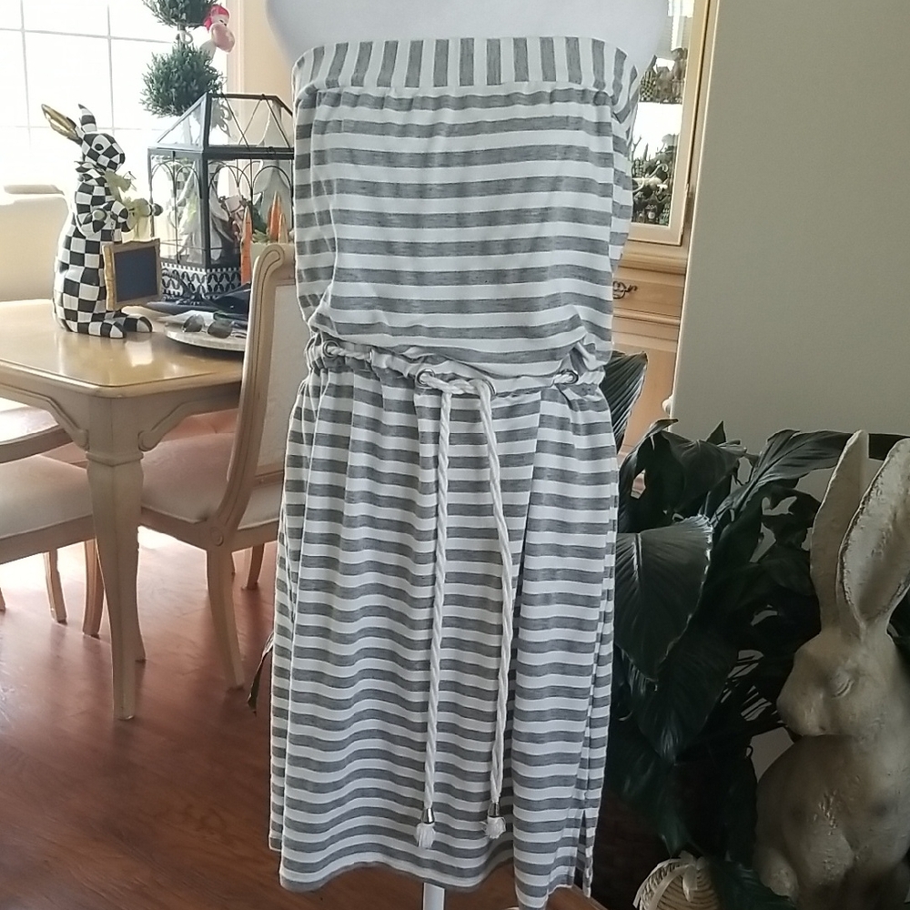 St. Tropez Gray and White Striped Strapless Drawstring Dress